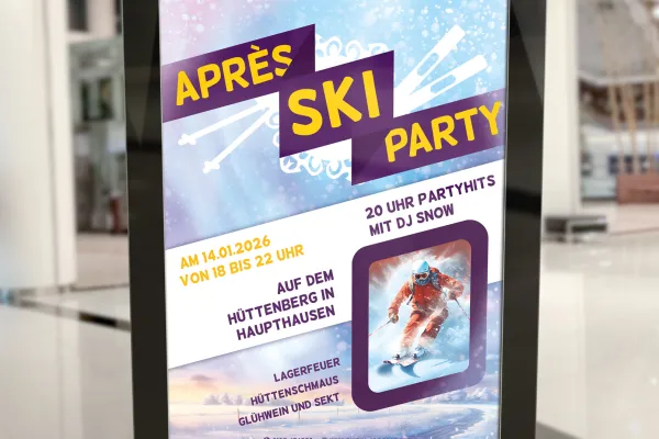 Festa Après-Ski & diversão na cabana - Modelo de folheto e cartaz para o inverno.