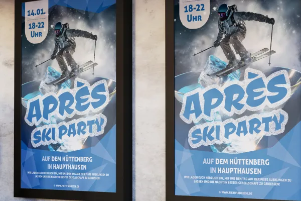 Festa Após-Ski e Diversão nas Cabanas - Modelo de folheto e cartaz para o inverno.