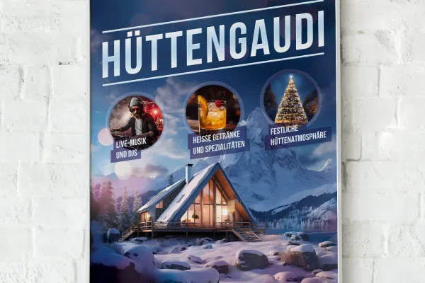 Après-Ski-Party & Hüttengaudi – Modelo de folheto e cartaz para o inverno.