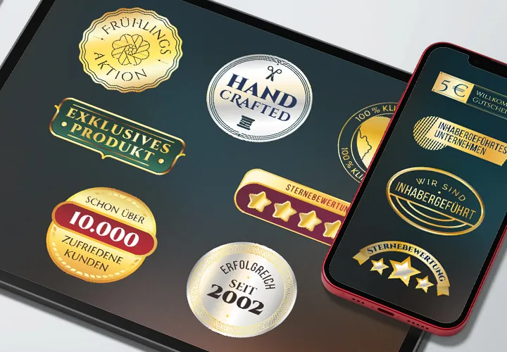 Designskabeloner til online-butikker: badges, kvalitetsmærker, awards & plaketter.