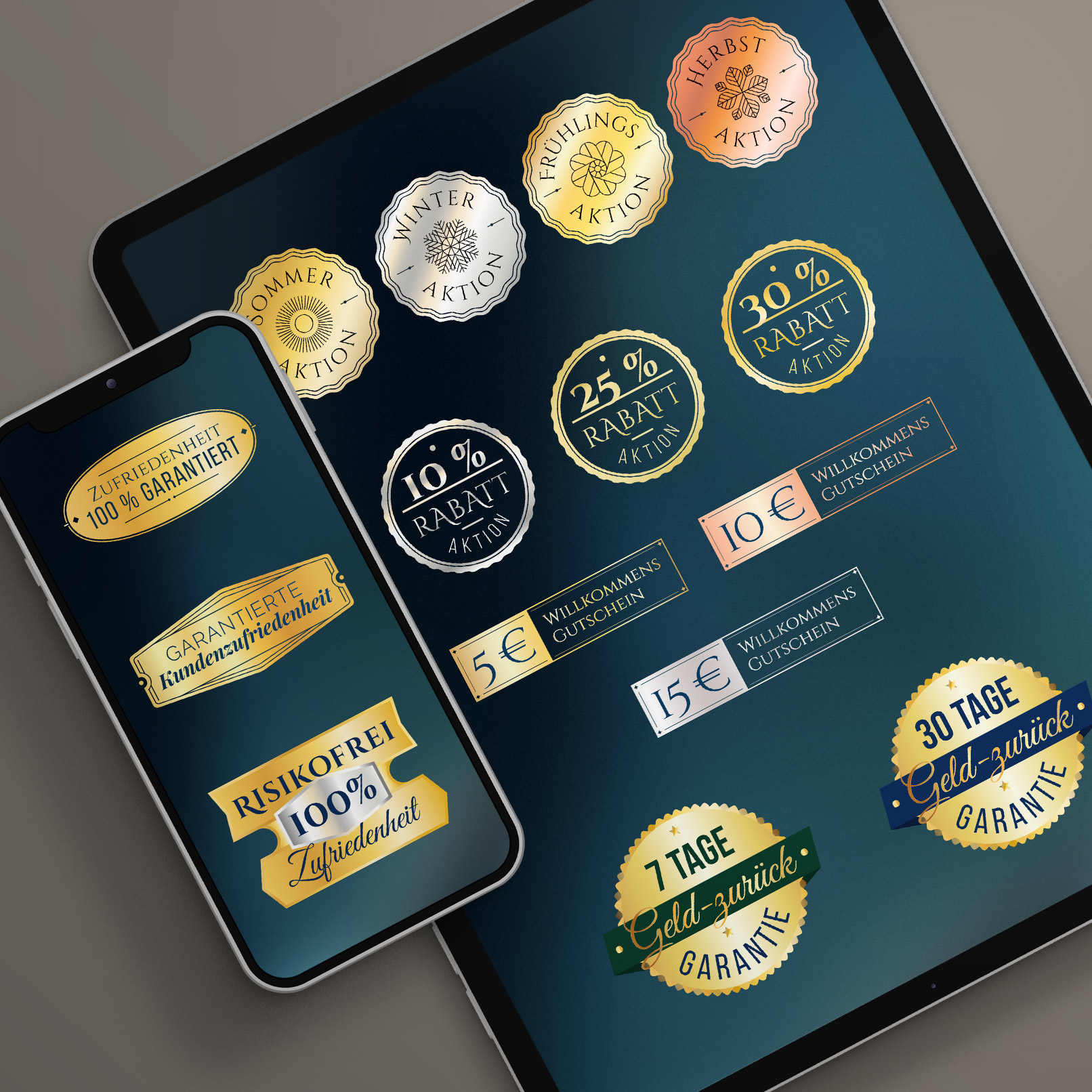 Hol dir über 100 Badges, um bestimmte Merkmale von Produkten und Online-Shops hervorzuheben.