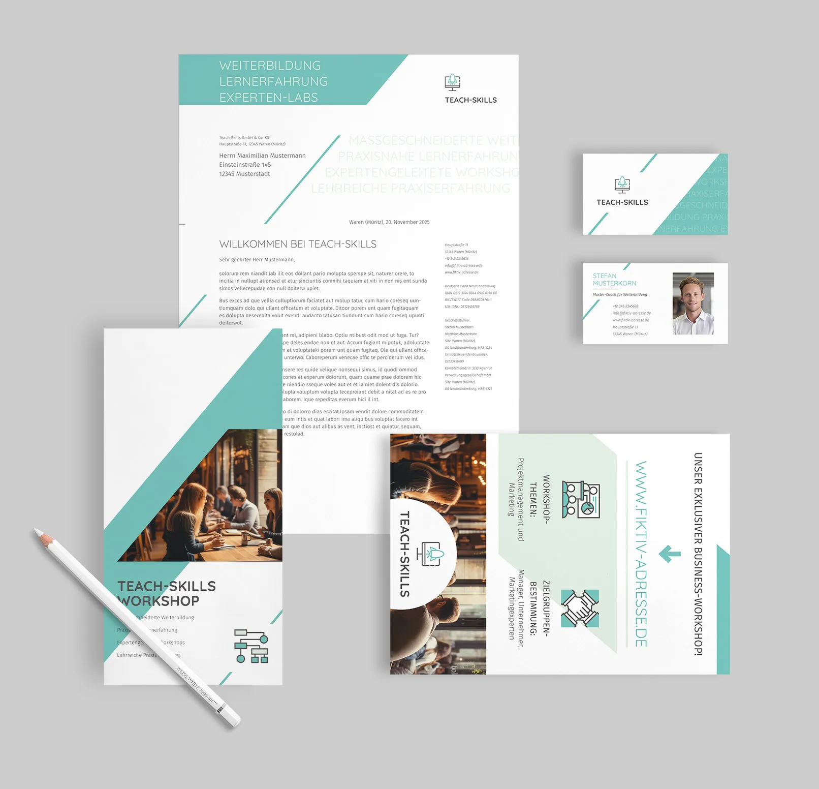 Plantillas de diseño corporativo para profesores, tutores, consultores y proveedores de talleres: Folleto, papelería, anuncio, tarjeta de visita