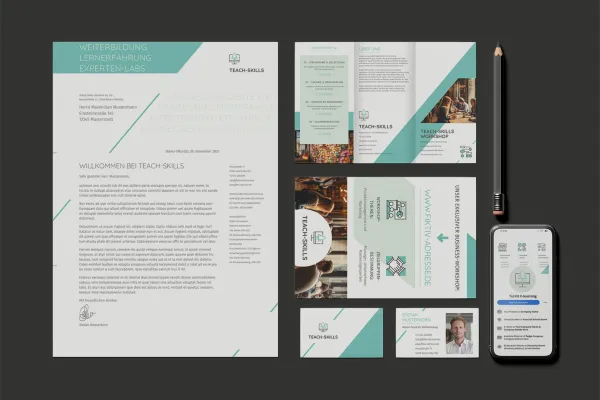 Corporate-Design-Vorlagen für Dozenten, Tutoren, Berater & Workshop-Anbieter: Anzeige, Briefpapier, Flyer, Visitenkarte
