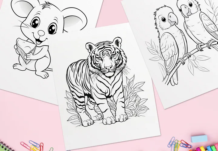 Over 400 coloring pictures with animals: Butterflies, horses, cats and more.