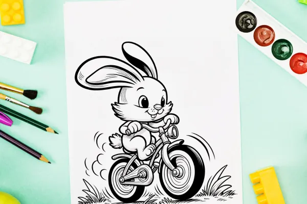 Ausmalbilder für Ostern – Osterhase auf Fahrrad