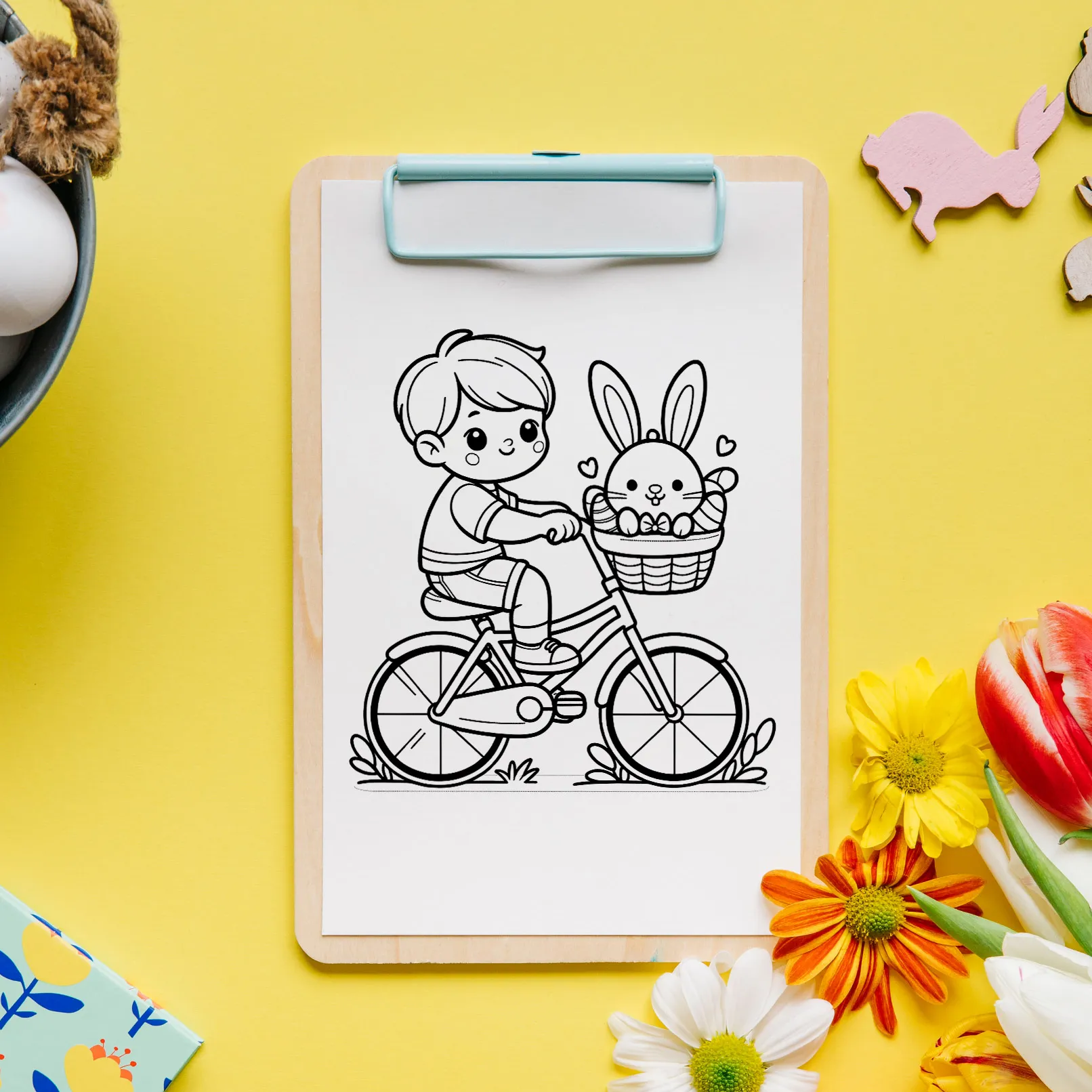Ausmalbilder für Ostern – Kind auf Fahrrad, mit Osterhase