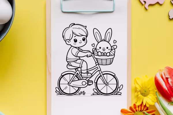 Målarbilder för påsk - barn på cykel, med påskharen