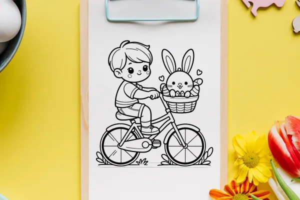 Ausmalbilder für Ostern – Kind auf Fahrrad, mit Osterhase