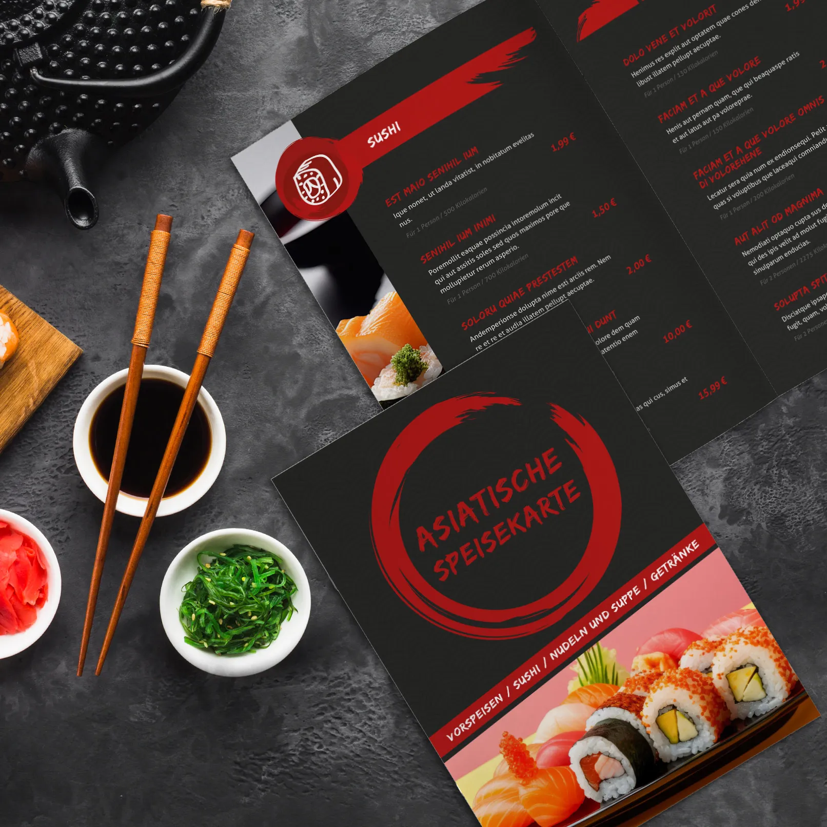 Speisekarten-Vorlagen: Sushi & asiatische Küche