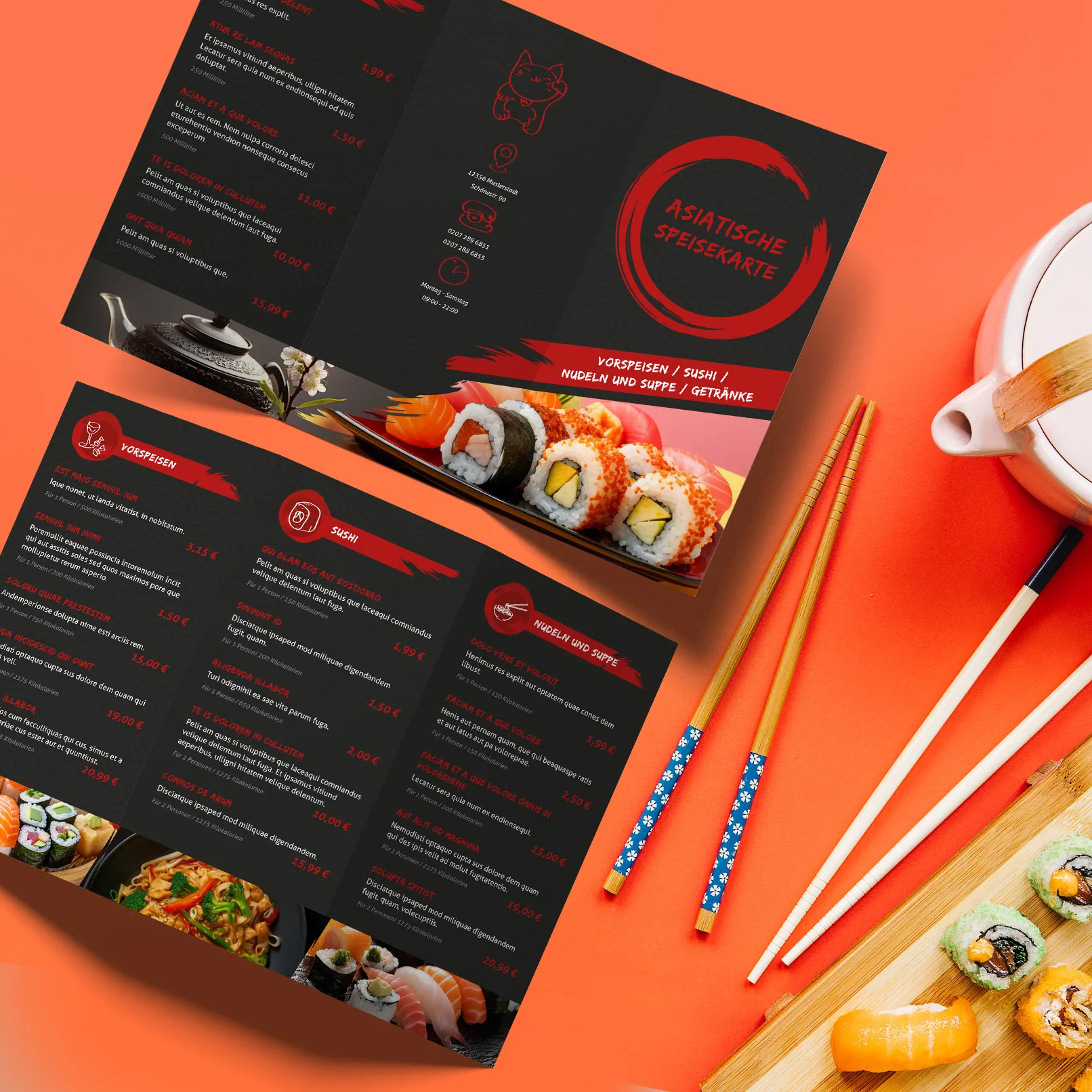 Speisekarten-Vorlagen: Sushi & asiatische Küche
