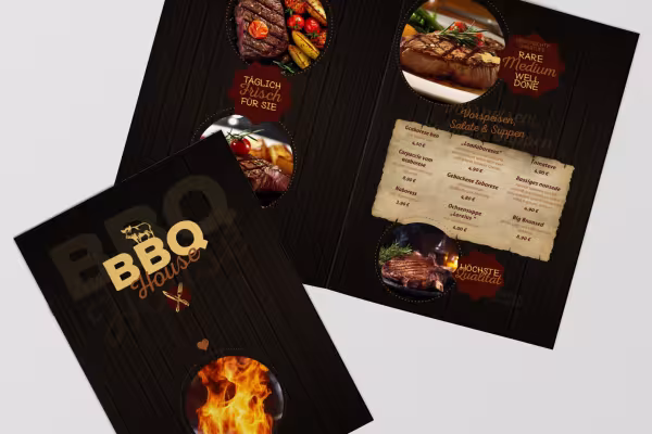 Ruokalistapohjia steakhouse-ravintoloille BBQ-suunnittelulla.