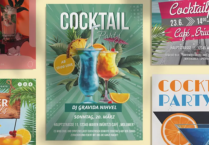 Invitación a una fiesta de cóctel: plantillas para volantes, carteles y banners digitales.