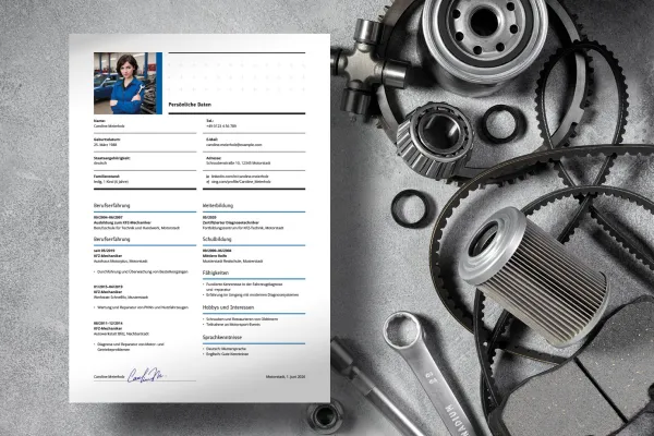 Ansioluettelo automekaanikolle – yksipuolinen malli Word, InDesign ja Affinity Publisher
