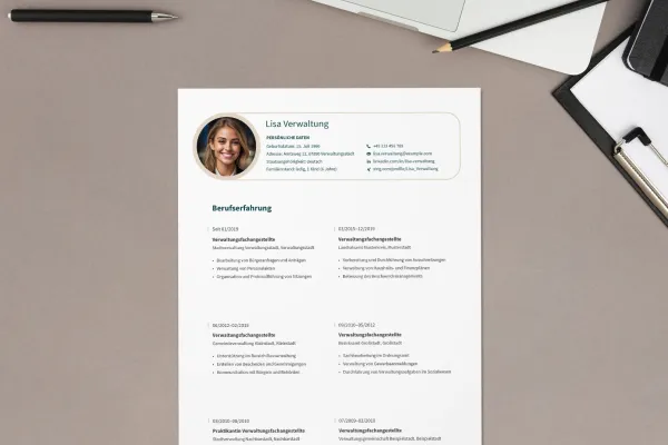 Ansioluettelo hallintotyöntekijä – yksipuolinen malli Word, InDesign ja Affinity Publisher.