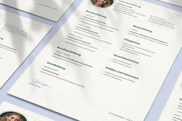 Ansioluettelo hallintovirkailijalle - yksisivuinen malli Word, InDesign ja Affinity Publisher.