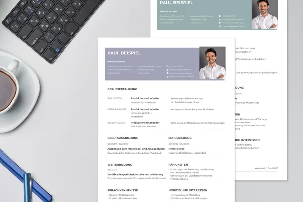 Ansioluettelo tuotantotyöntekijä – yksipuolinen malli Word, InDesign ja Affinity Publisher