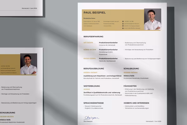 CV Produksjonsmedarbeider - en side mal for Word, InDesign og Affinity Publisher