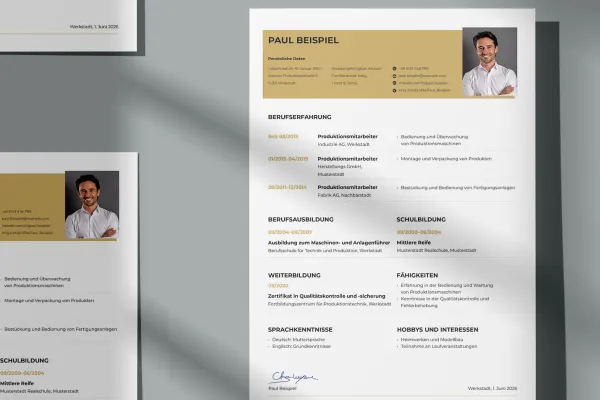 Ansioluettelo tuotantotyöntekijä - yksipuolinen malli Word, InDesign ja Affinity Publisher.