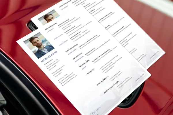 Ansioluettelo autokauppias - yksipuolinen malli Wordille, InDesignille ja Affinity Publisherille