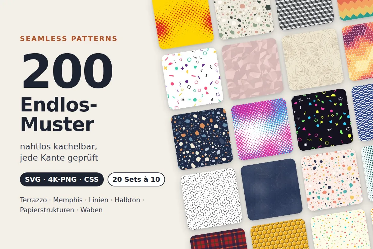 200 Endlos-Muster: nahtlose Patterns als SVG, 4K-PNG und CSS