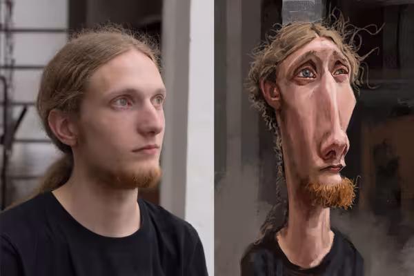 Valokuvan mies, vieressä karikatyyri, piirretty Photoshopilla.