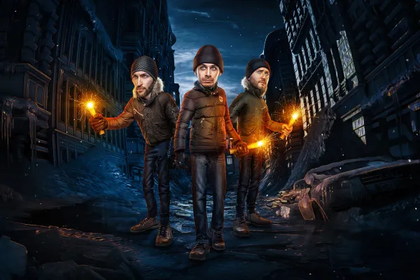 Tris vyrai komikso stiliaus Photoshop programoje, įterpti į gatvės sceną.