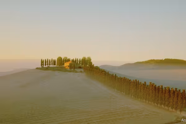 Cypress Hill af Mario Kelterbau, 3D-landskab modelleret med løvværk i Cinema 4D.