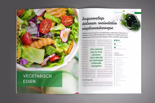 Páginas de muestra de la plantilla para un libro de cocina en formato vertical