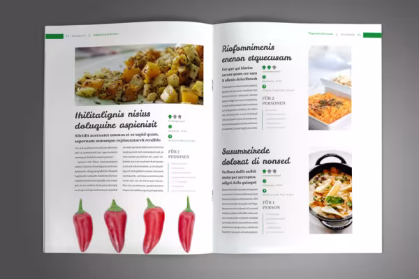 Páginas de muestra de la plantilla para un libro de cocina en formato vertical