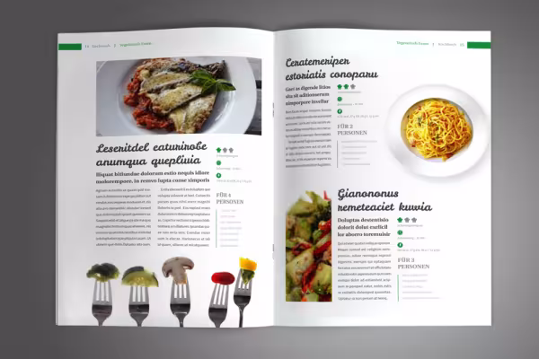 Páginas de muestra de la plantilla para un libro de cocina en formato vertical