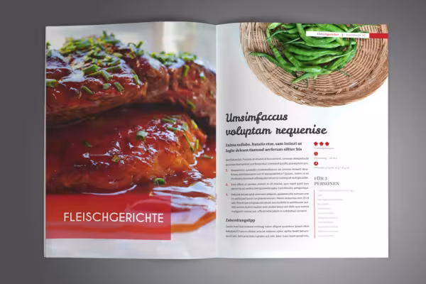 Páginas de muestra de la plantilla para un libro de cocina en formato vertical