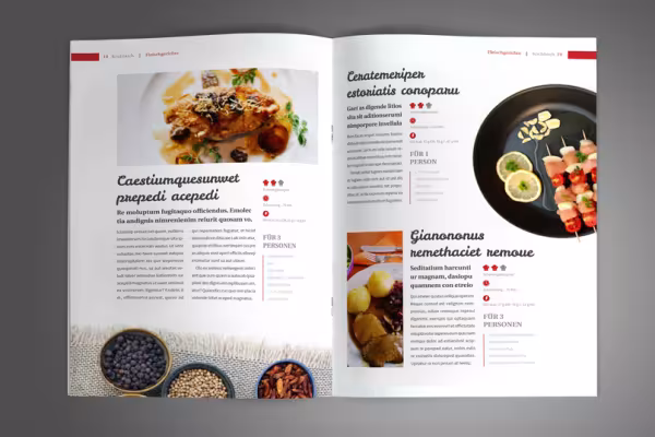 Páginas de muestra de la plantilla para un libro de cocina en formato vertical