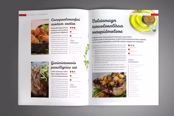 Páginas de muestra de la plantilla para un libro de cocina en formato vertical