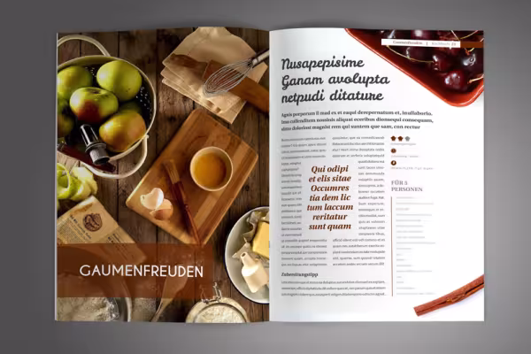 Páginas de muestra de la plantilla para un libro de cocina en formato vertical