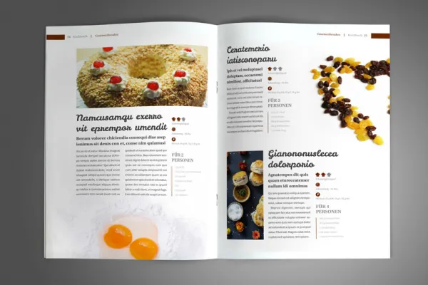 Beispielseiten aus der Vorlage für ein Kochbuch im Hochformat