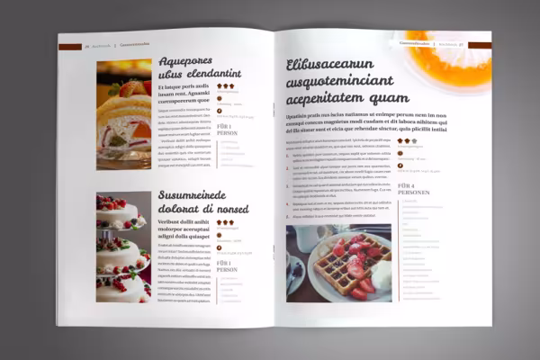 Páginas de muestra de la plantilla para un libro de cocina en formato vertical