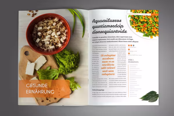 Páginas de muestra de la plantilla para un libro de cocina en formato vertical