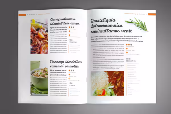 Páginas de muestra de la plantilla para un libro de cocina en formato vertical