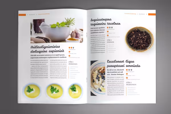 Páginas de muestra de la plantilla para un libro de cocina en formato vertical