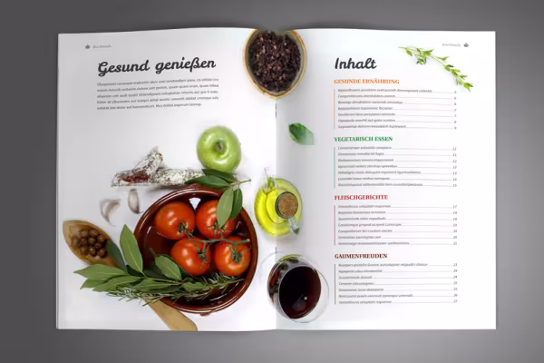 Páginas de muestra de la plantilla para un libro de cocina en formato vertical