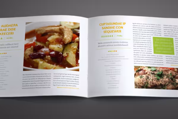 Páginas de muestra de la plantilla para un libro de cocina en formato apaisado