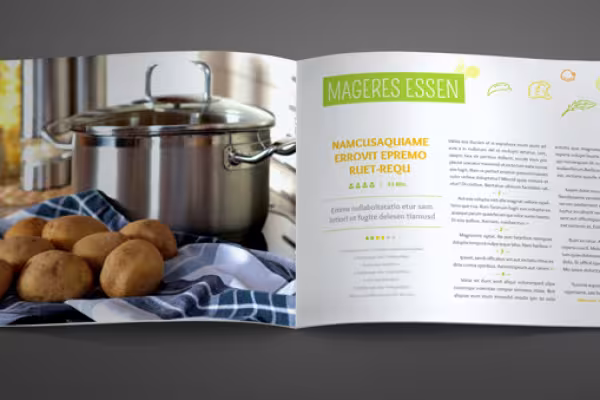 Páginas de muestra de la plantilla para un libro de cocina en formato apaisado