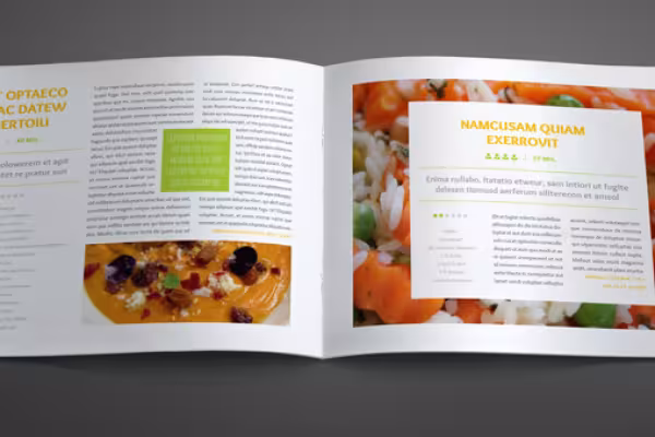 Páginas de muestra de la plantilla para un libro de cocina en formato apaisado