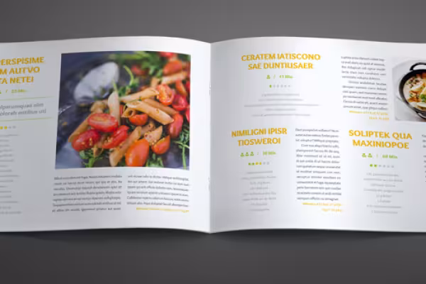 Páginas de muestra de la plantilla para un libro de cocina en formato apaisado
