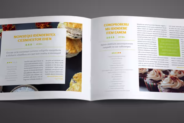 Páginas de muestra de la plantilla para un libro de cocina en formato apaisado