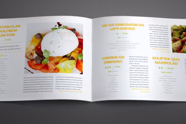 Páginas de muestra de la plantilla para un libro de cocina en formato apaisado