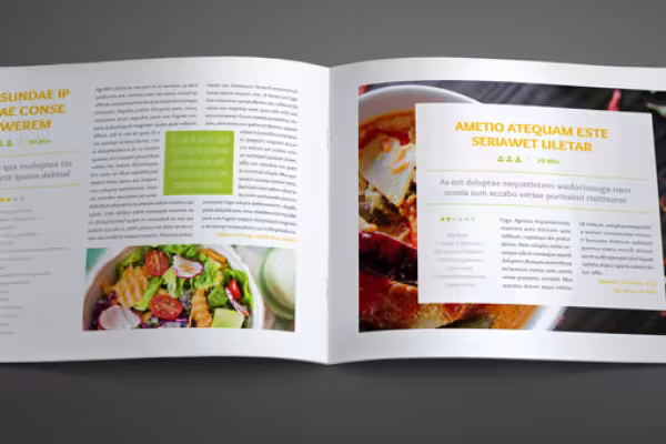 Páginas de muestra de la plantilla para un libro de cocina en formato apaisado