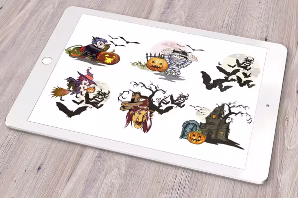 Halloween-motiv och bilder med häxor.