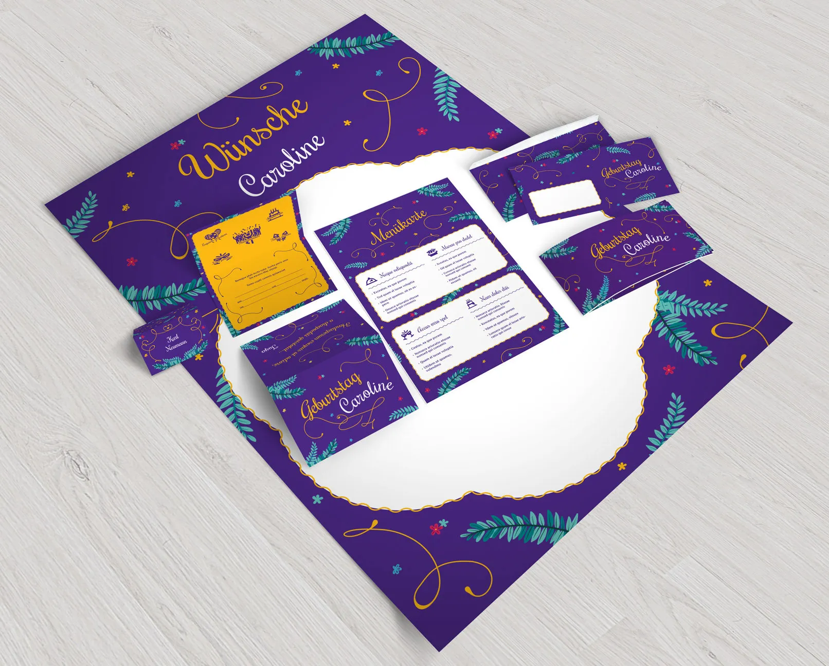 Plantillas para cumpleaños y bautizos, que incluyen sobre, tarjeta de agradecimiento, invitación, tarjeta plegada, tarjeta de menú y cartel de deseos