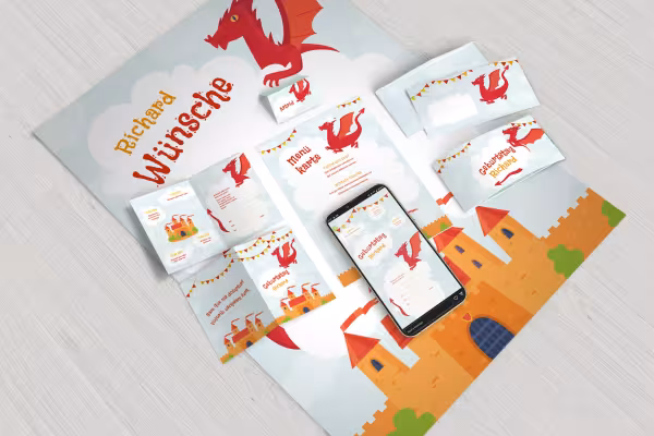 Mallar för födelsedagar och dop, inklusive kuvert, tackkort, inbjudan, vik kort, meny och önskelista-plakat